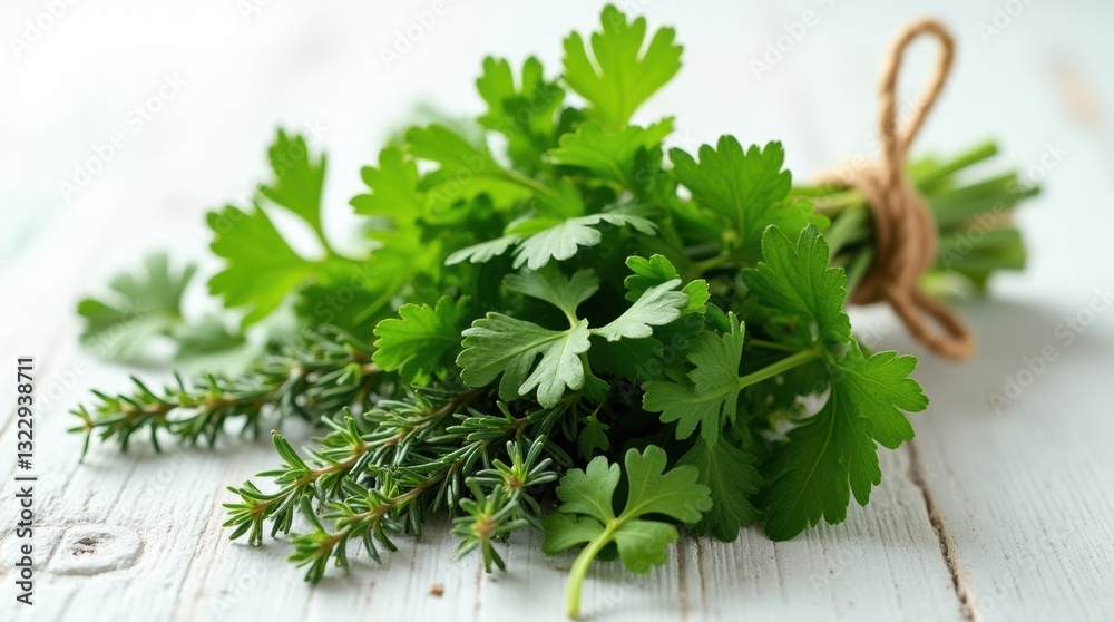 Fototapeta premium Close-up of a tied bundle of fresh parsley, thyme, and cilantro against a white textured backdrop