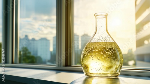 Captivating view of a bottle of liquid on a window sill illustrating the science of fermentation in a glass carboy