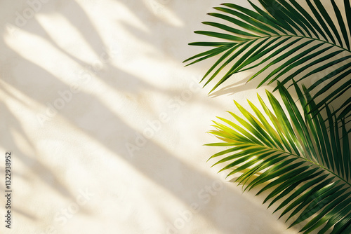 shadow of natural pine leaves of palm tree and tree trunk falling on white concrete wall for background
