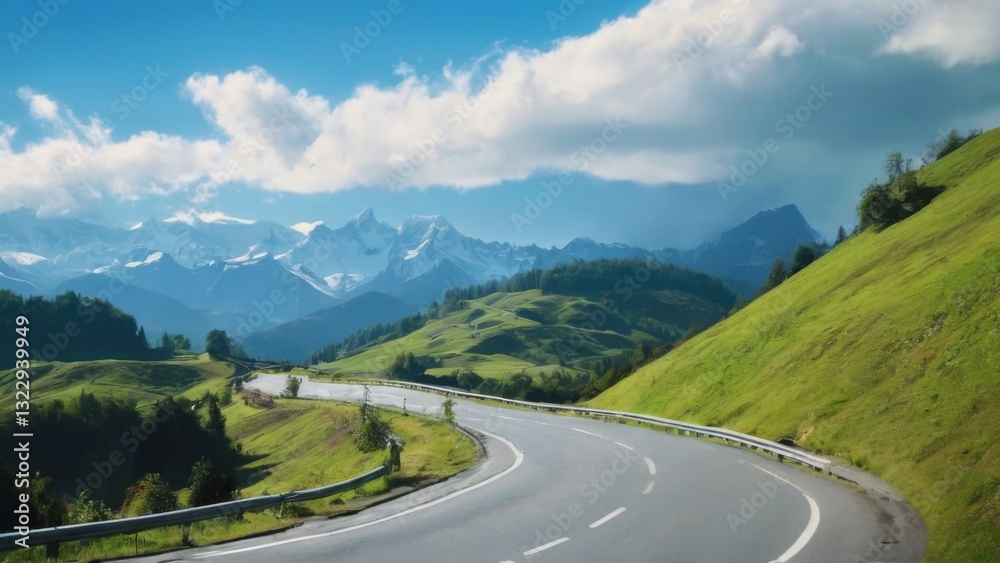 Scenic Winding Road in Lush Landscape with Blue Sky, Mountains, and Serene Atmosphere, Conveying Freedom and Adventure Scenic Winding Road in Lush Landscape with Blue Sky, Mountains, and Serene Atmosphere, Conveying Freedom and Adventure