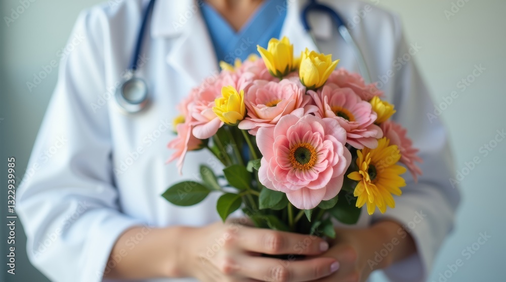 Close-up of a nurse in a white coat gently holding a bouquet of pink and yellow flowers Close-up of a nurse in a white coat gently holding a bouquet of pink and yellow flowers