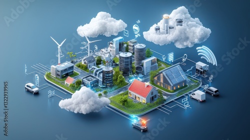 Data integration infographic concept. Intelligent and Sustainable Futuristic Smart City with Renewable Energy and Cutting Edge Technology
