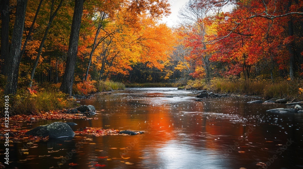 Fototapeta premium Spectacular autumn colors reflected in a flowing river under a dense forest canopy