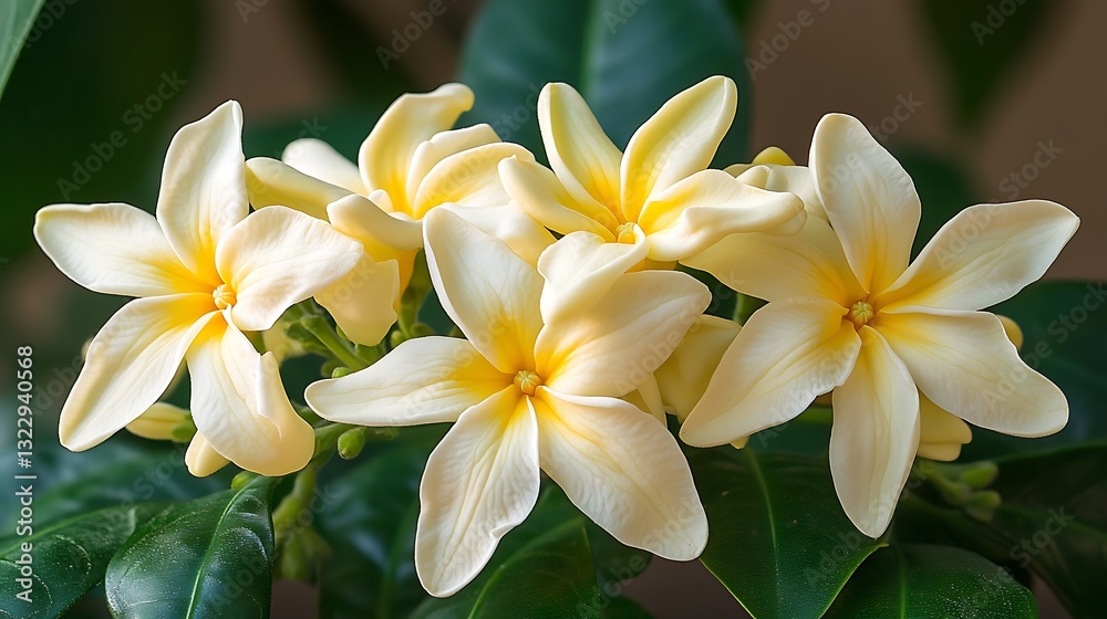 Cluster of yellow plumeria flowers with green leaves in a tropical garden setting