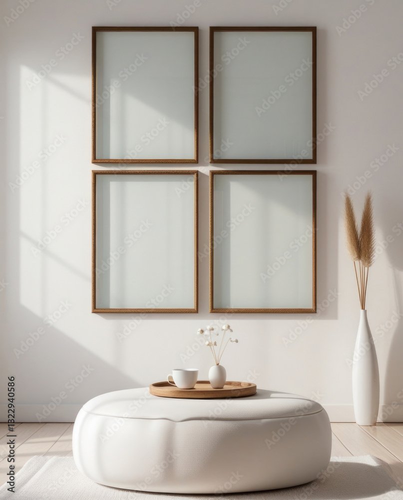 Fototapeta premium Four empty frames mockup in white living room with minimalist interior background, poster frame mockup design, mockup frame