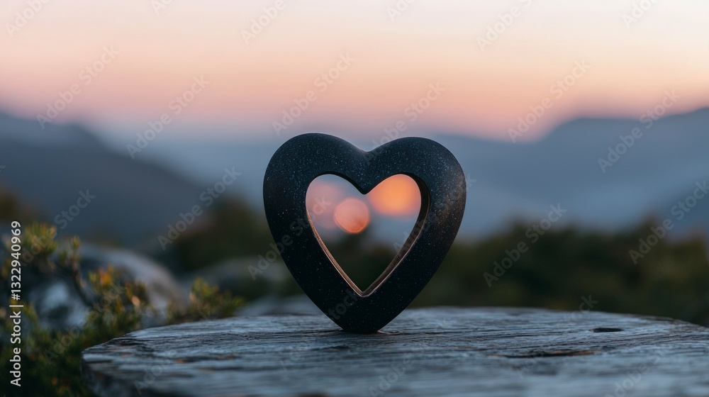 Fototapeta premium Sunset Heart Sculpture Romantic Nature Art on Wood