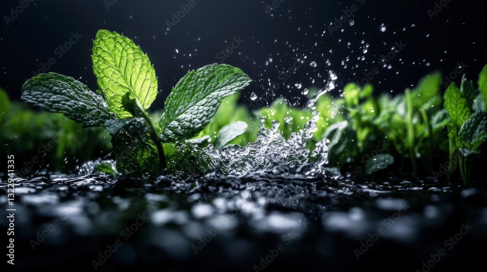 Refreshing Mint Leaves Splashing Water Nature s Purity Refreshing Mint Leaves Splashing Water Nature s Purity