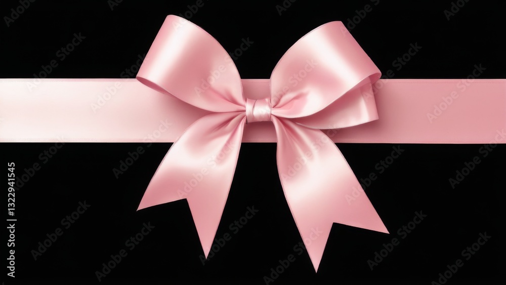 Pink satin ribbon with large bow on black background in simple, minimalistic digital illustration with symmetrical knot. Pink satin ribbon with large bow on black background in simple, minimalistic digital illustration with symmetrical knot.