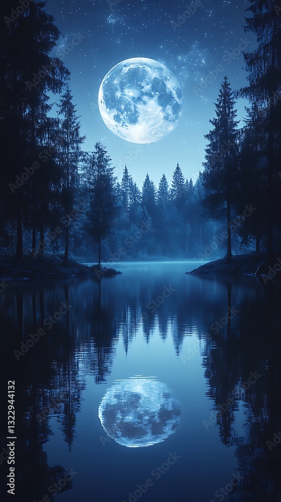 Naklejka premium Moonlit lake, forest reflection, night scene