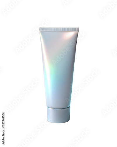 A sleek, holographic 3D icon of cosmetic cream tube, isolated on white background. Ideal for beauty, skincare, and cosmetic product design in digital formats.