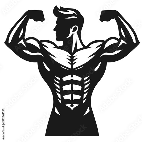 Black and white vector silhouette of bodybuilder on white background