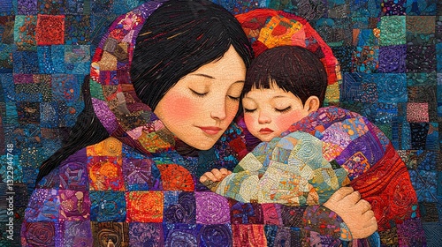 Tender Embrace of Mother and Child in Colorful Textile Art
