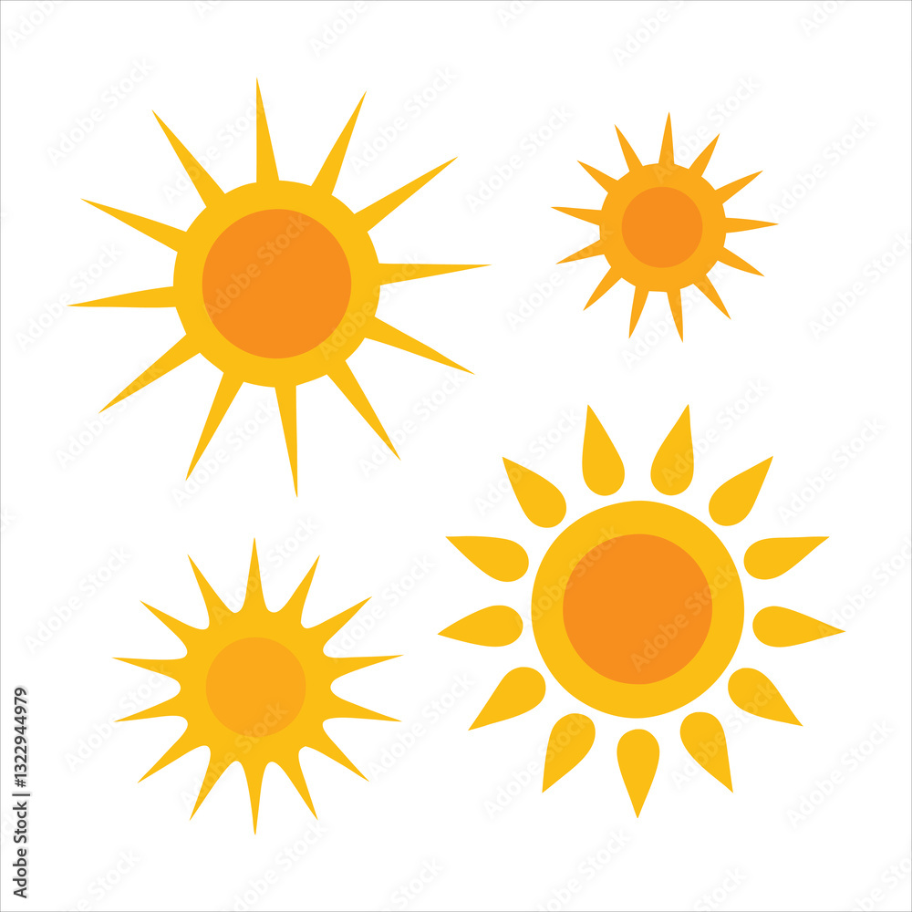 Set of yellow orange sun isolated on white background A symbol of rest heat vacations Set of yellow orange sun isolated on white background A symbol of rest heat vacations