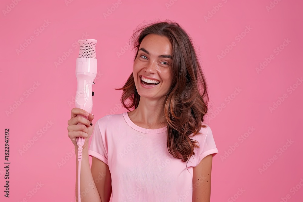 sharp picture of Woman with hand blender, inviting gesture, isolated on pink sharp picture of Woman with hand blender, inviting gesture, isolated on pink