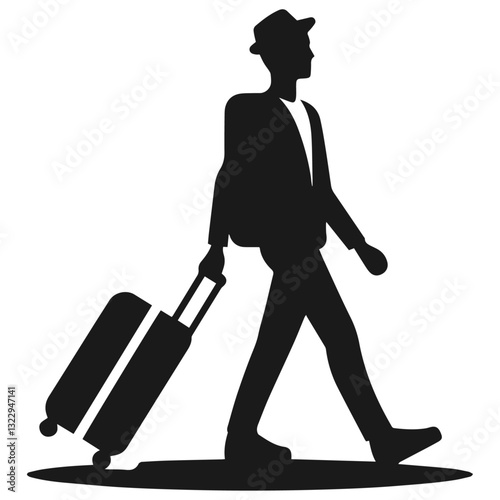 Black and white vector silhouette of a tourist on white background
