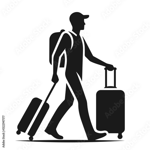 Black and white vector silhouette of a tourist on white background
