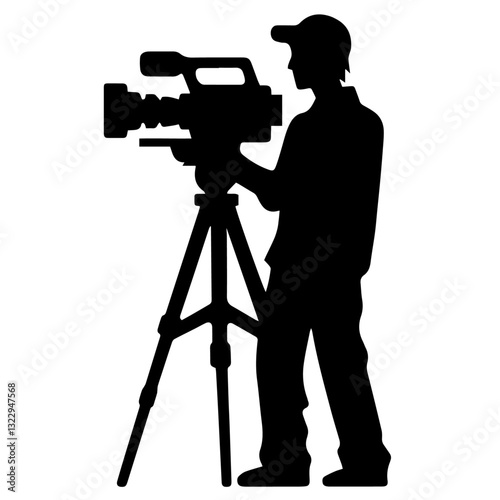 Black and white vector silhouette of a cameraman on white background
