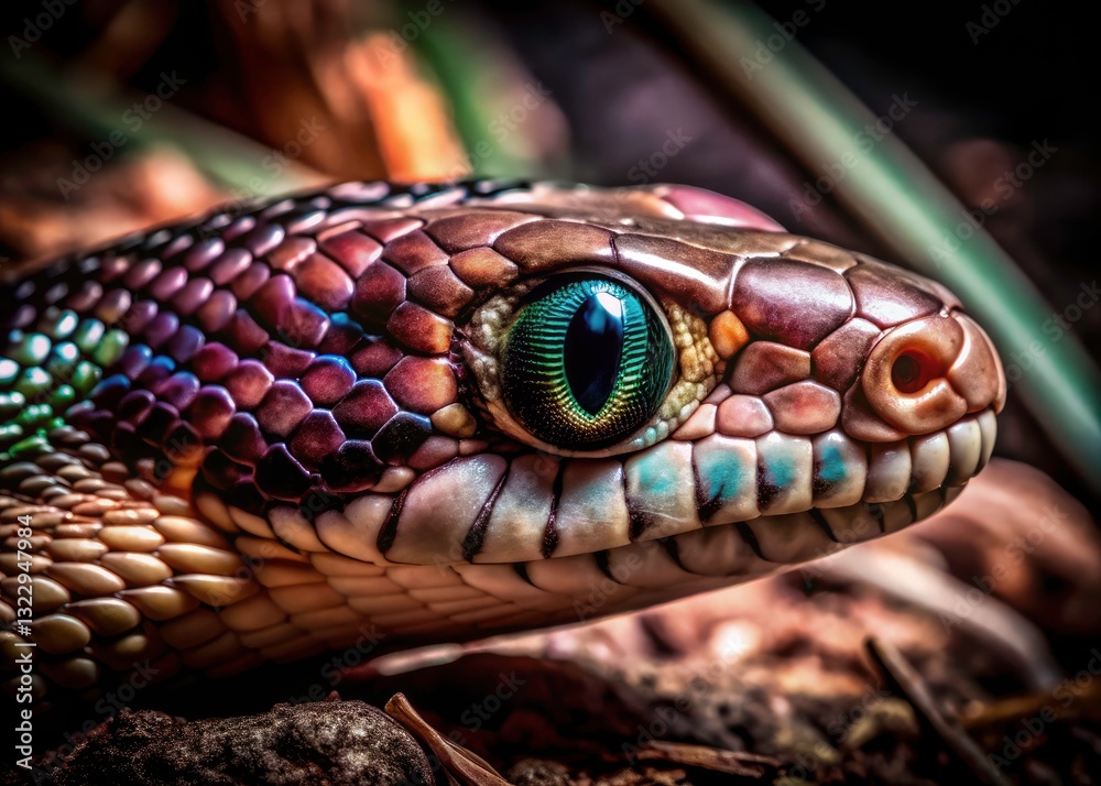 Obraz premium Night Snake Close Up, Wild Reptile Head, Nocturnal Wildlife Photography, Creepy Snake Image, Dark Nature