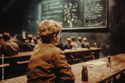 Young Boy in a Classroom, Concentrating on a