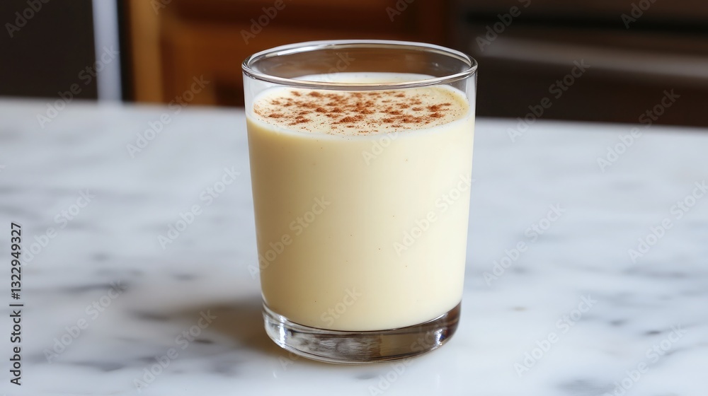 A glass of creamy eggnog sprinkled with cinnamon, served in a festive holiday setting. A glass of creamy eggnog sprinkled with cinnamon, served in a festive holiday setting.