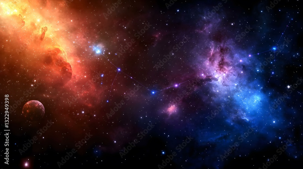 Naklejka premium The image shows a vibrant nebula with contrasting red and blue hues, scattered with numerous stars, and a prominent constellation traversing the scene, all set against a dark cosmic background. A si