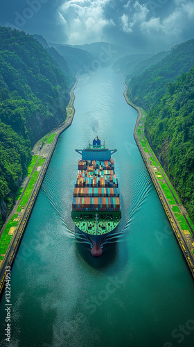 Massive Cargo Ship Passing Through the Panama Canal – Vertical Format Depicting Global Trade, Geopolitics, and Foreign Policy Challenges in One of the World's Most Strategic Waterways.