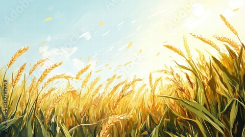 Tranquil digital art sunset over abundant golden wheat fields in a serene environment