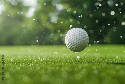 White Golf Ball Soaring Through the Air Towards the Distant Hole on Green Background photo