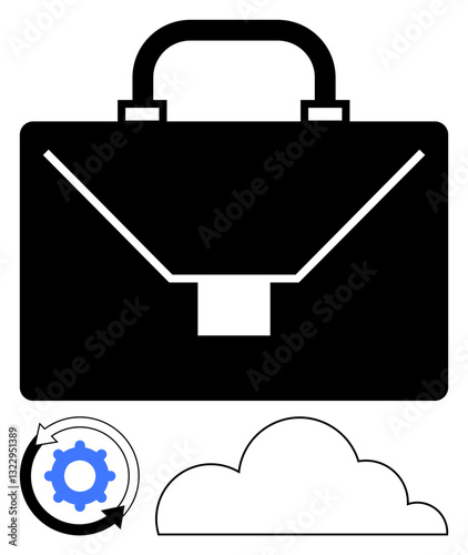 Black briefcase, cloud shape, and gear in a circular arrow. Ideal for business, organization, data storage, technological solutions, cloud computing productivity workflow. Flat simple metaphor