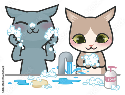 顔を洗っている猫のキャラクターと手を洗っている猫のキャラクター