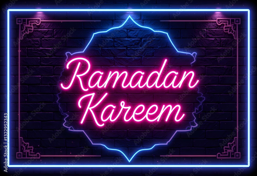 Ramadan Kareem Neon Glow Sign with Modern Islamic Art and Festive Blue and Pink Lights on Brick Wall Background Ramadan Kareem Neon Glow Sign with Modern Islamic Art and Festive Blue and Pink Lights on Brick Wall Background