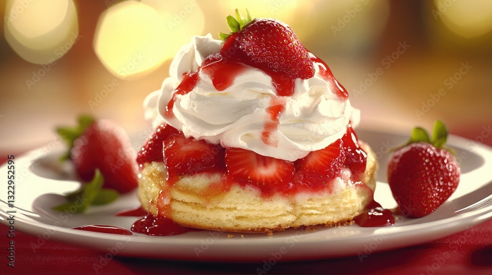 A serving of strawberry shortcake with fluffy biscuits, whipped cream, and juicy strawberries. A serving of strawberry shortcake with fluffy biscuits, whipped cream, and juicy strawberries.