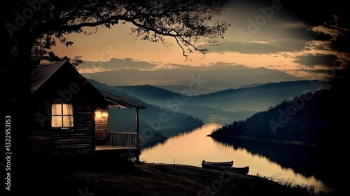 Secluded Cabin Overlooking Serene Lake at Sunset
