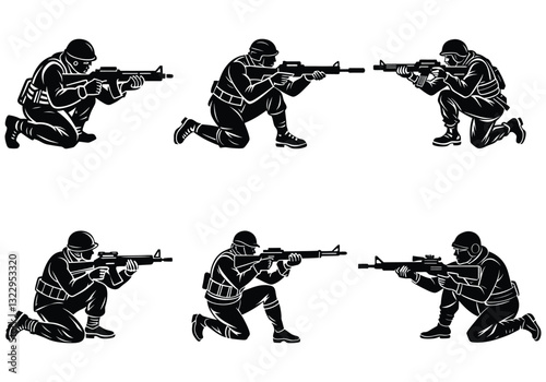 Silhouettes of soldiers and military musicians in action