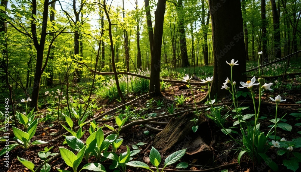 Obraz premium Lush Forest Scene with White Flowers and Green Foliage Outdoors Nature