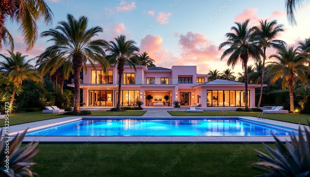Fototapeta premium Luxury Villa with Pool at Sunset Surrounded by Palm Trees