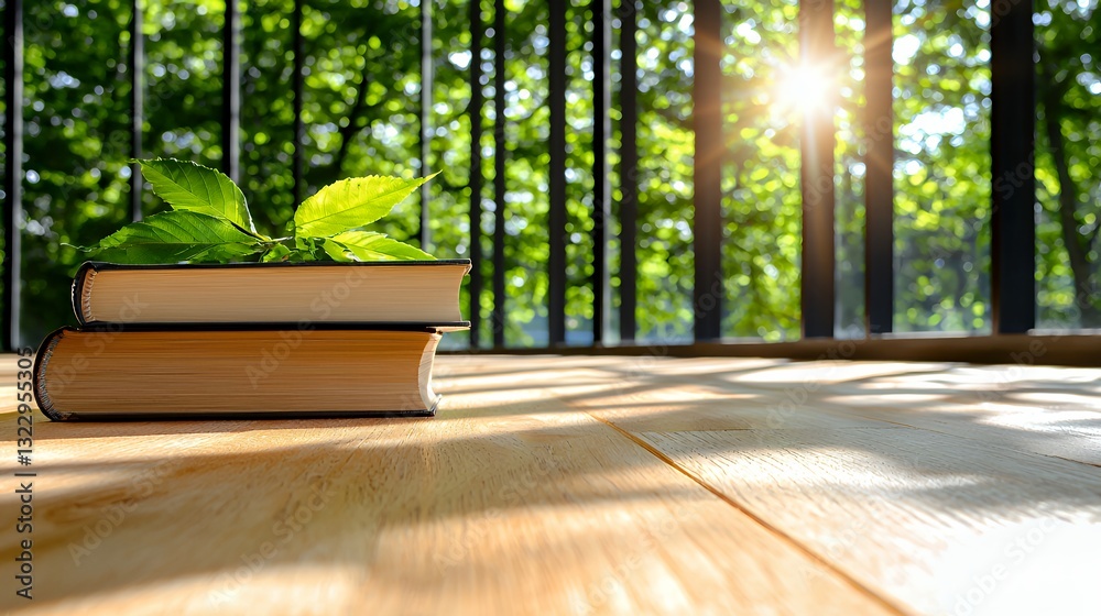 Fototapeta premium Stack of Books with Green Leaves on Wood Surface and Sunlit Forest