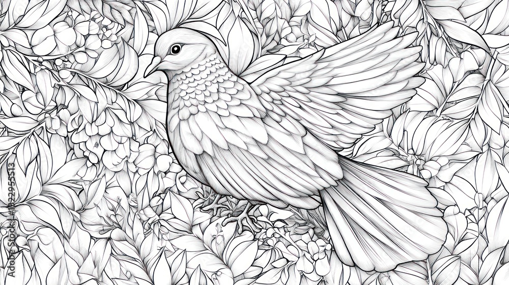 Fototapeta premium Dove amidst flowers, intricate line art, nature background, coloring page