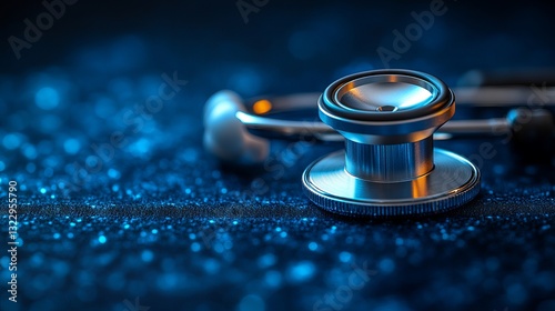 Asian Medical Doctor Conducting a Detailed Diagnosis with a Stethoscope in a Contemporary Blue Health Science Laboratory Setting for Advanced Clinical Assessment photo