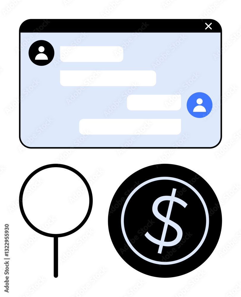 Chat window with user icons, magnifying glass, and dollar sign. Ideal for communication, finance, research, analytics, online interaction, business strategy flat simple metaphor Chat window with user icons, magnifying glass, and dollar sign. Ideal for communication, finance, research, analytics, online interaction, business strategy flat simple metaphor