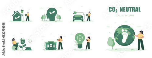 CO2 Neutral. Energy efficiency in household and industry. Characters using alternative energy. Net zero. Set of Vector illustration in flat cartoon style.