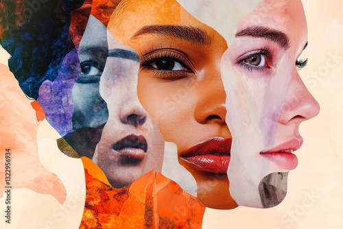 Contemporary art collage. Modern design. Female face made from different face parts of women of various races. Concept of beauty standards, multi ethnicity, friendship, diversity, human