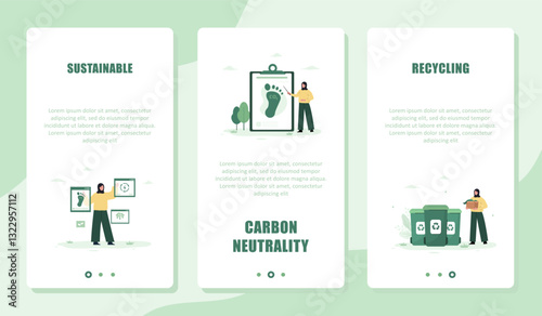 CO2 neutral. Set of Templates for Online Services. Mobile screen. Carbon dioxide footprint, environmental pollution. Net Zero. Vector illustration in flat cartoon style.