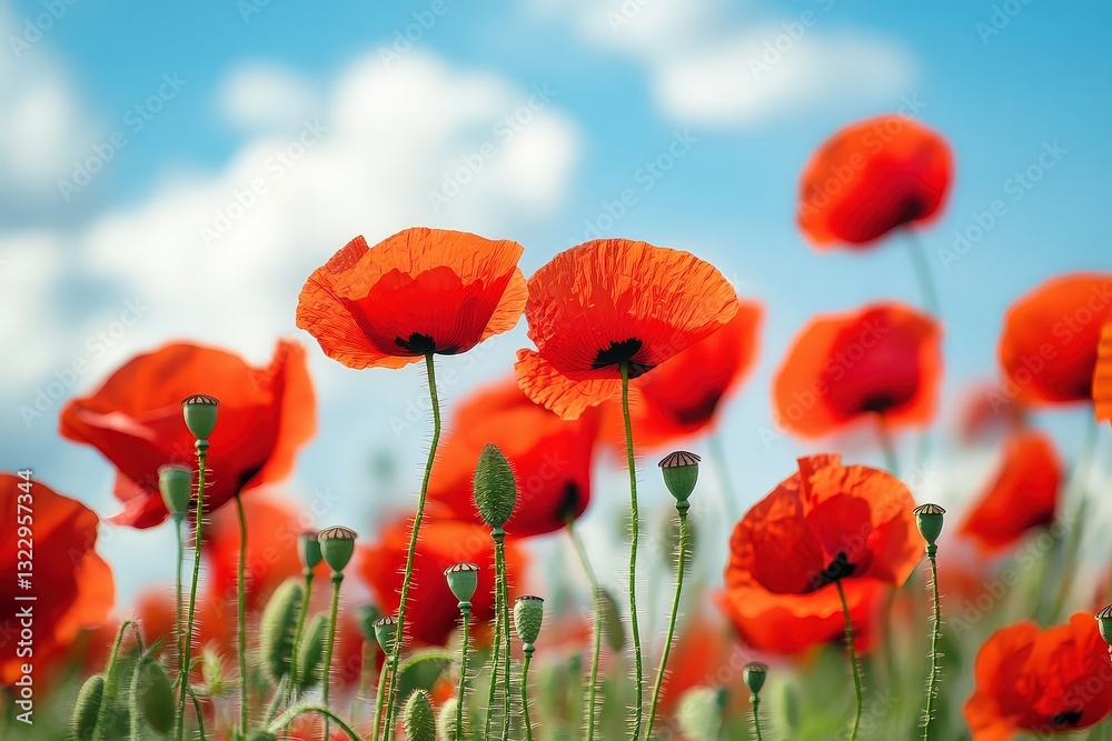 Fototapeta premium Vibrant Red Poppies Dancing Gently in the Warm Summer Breeze Amidst a Lush Green Landscape