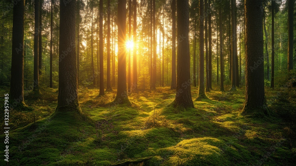 Fototapeta premium Serene Sunlight Filters Through Tall Forest Trees at Golden Hour