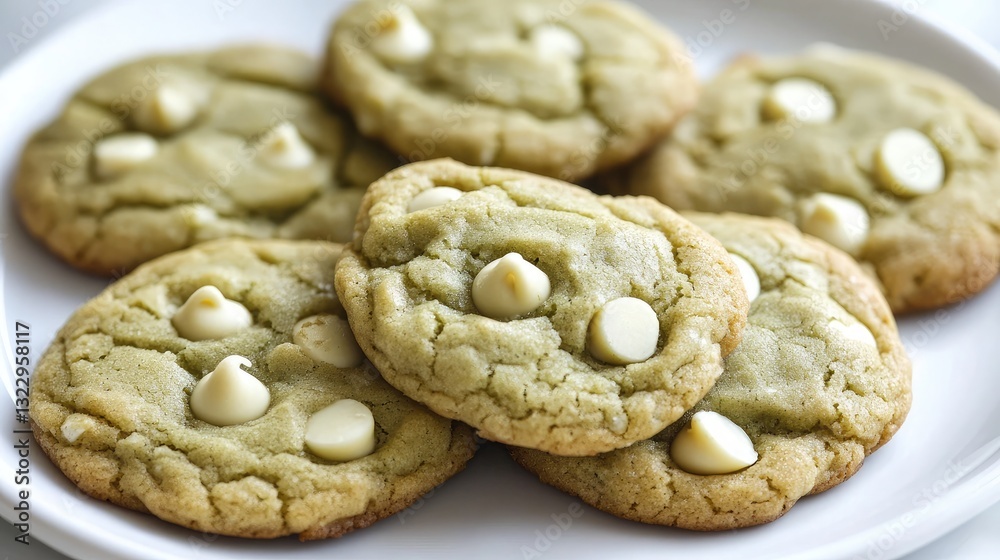 A close-up of matcha-flavored cookies with white chocolate chips, arranged on a plate. A close-up of matcha-flavored cookies with white chocolate chips, arranged on a plate.