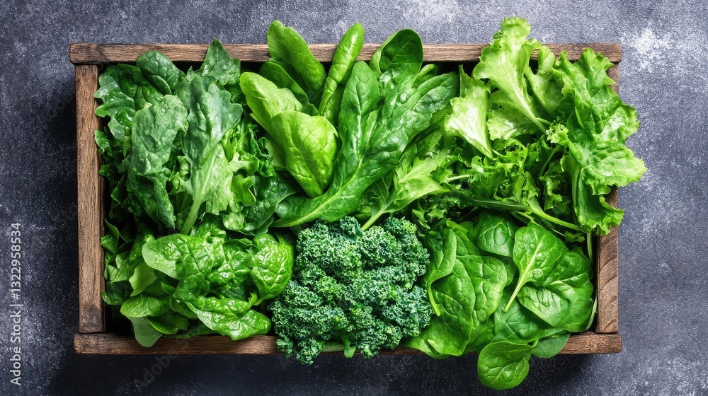 A collection of leafy greens including spinach, kale, and arugula in a wooden basket. A collection of leafy greens including spinach, kale, and arugula in a wooden basket.