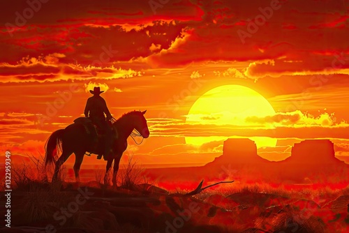 Lone Cowboy and His Trusty Steed Silhouetted Against the Fiery Orange Hues of a Desert Sunset