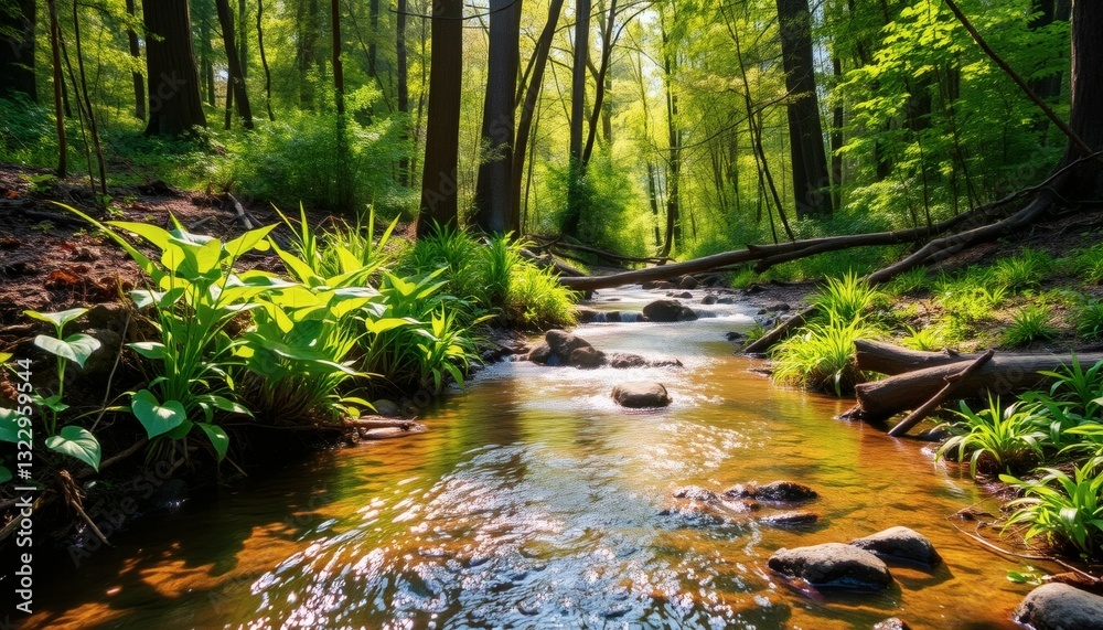 Obraz premium Flowing Forest Creek with Lush Greenery and Soothing Water Scenery