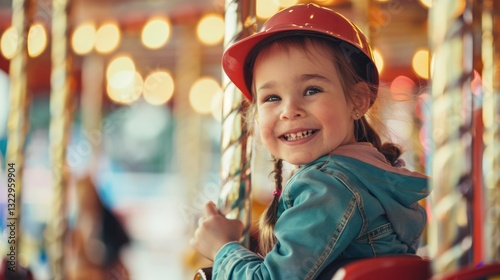 A child grinning from ear to ear as they ride a carousel at the fair.